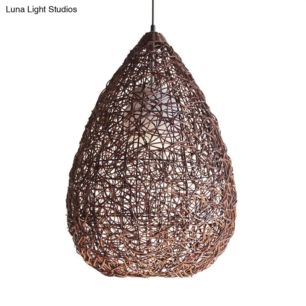 Chinese Single Bulb Hanging Light With Brown Pear Pendant And Rattan Shade - Elegant Lighting