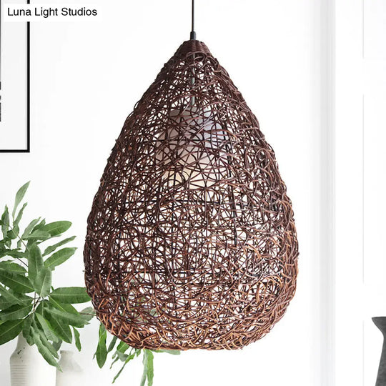 Chinese Single Bulb Hanging Light With Brown Pear Pendant And Rattan Shade - Elegant Lighting