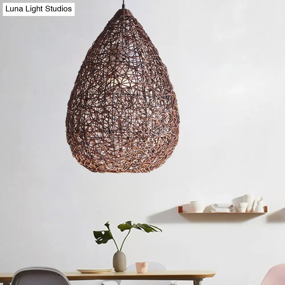 Chinese Single Bulb Hanging Light With Brown Pear Pendant And Rattan Shade - Elegant Lighting