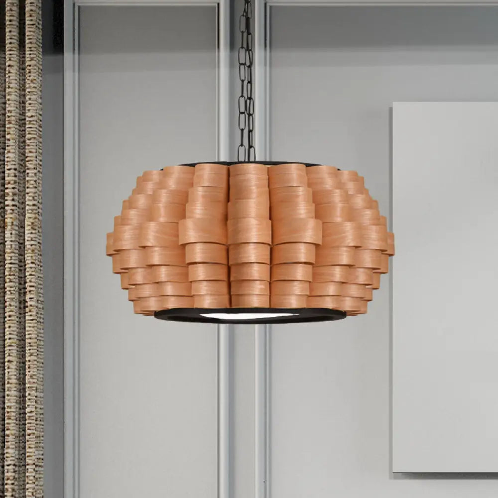 Chinese Single Light Veneer Pendant Lamp - Wide Wood Barrel Shade Hanging For Dining Room