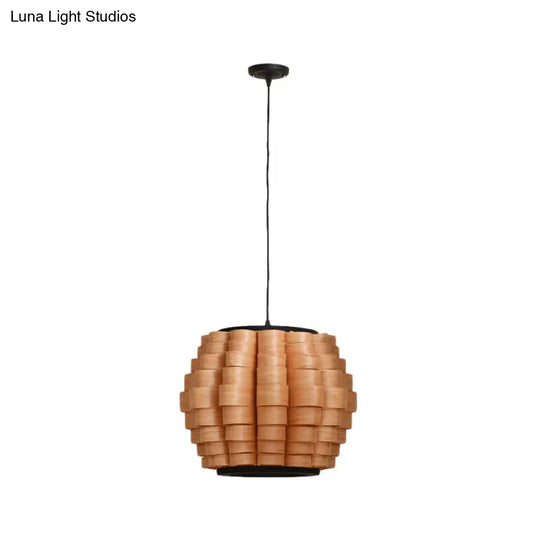 Chinese Wood Barrel Pendant Light With Single Veneer Shade - Perfect For Dining Room Available In 3