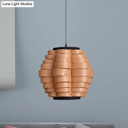 Chinese Wood Barrel Pendant Light With Single Veneer Shade - Perfect For Dining Room Available In 3