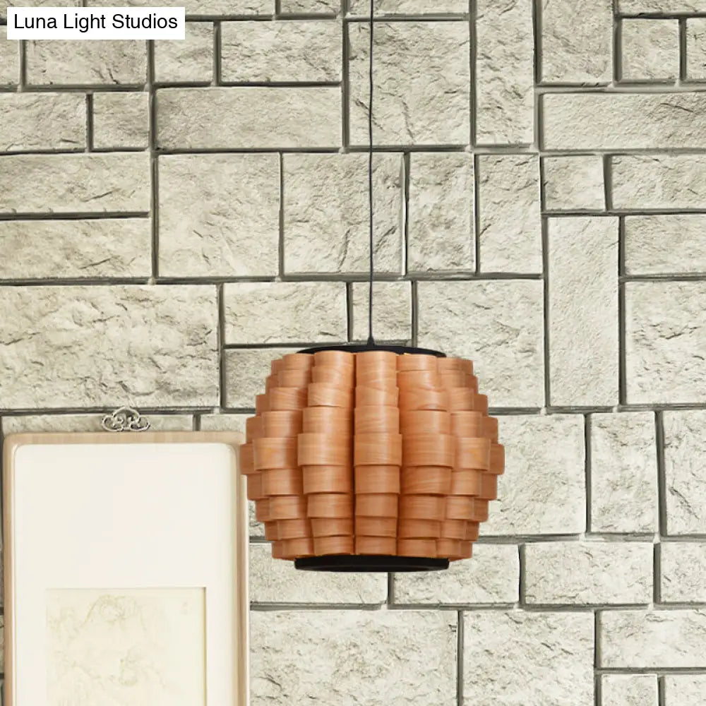 Chinese Wood Barrel Pendant Light With Single Veneer Shade - Perfect For Dining Room Available In 3