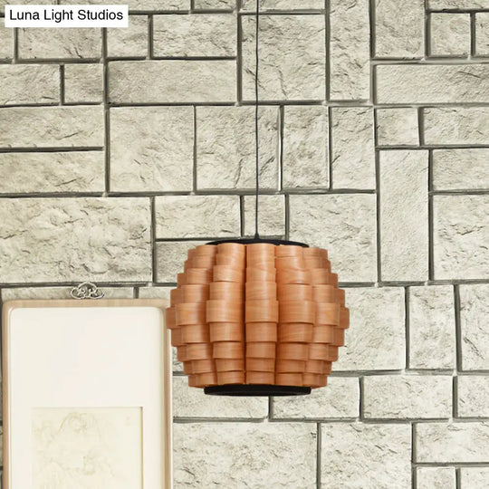 Chinese Wood Barrel Pendant Light With Single Veneer Shade - Perfect For Dining Room Available In 3