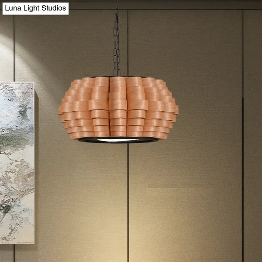 Chinese Single Light Veneer Pendant Lamp - Wide Wood Barrel Shade Hanging For Dining Room