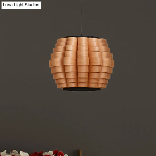 Chinese Single Light Veneer Pendant Lamp - Wide Wood Barrel Shade Hanging For Dining Room