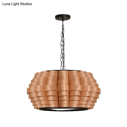 Chinese Wood Barrel Pendant Light With Single Veneer Shade - Perfect For Dining Room Available In 3