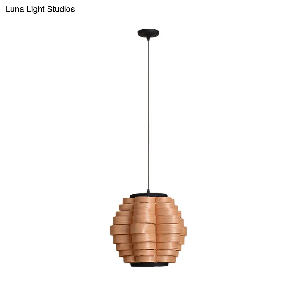 Chinese Single Light Veneer Pendant Lamp - Wide Wood Barrel Shade Hanging For Dining Room