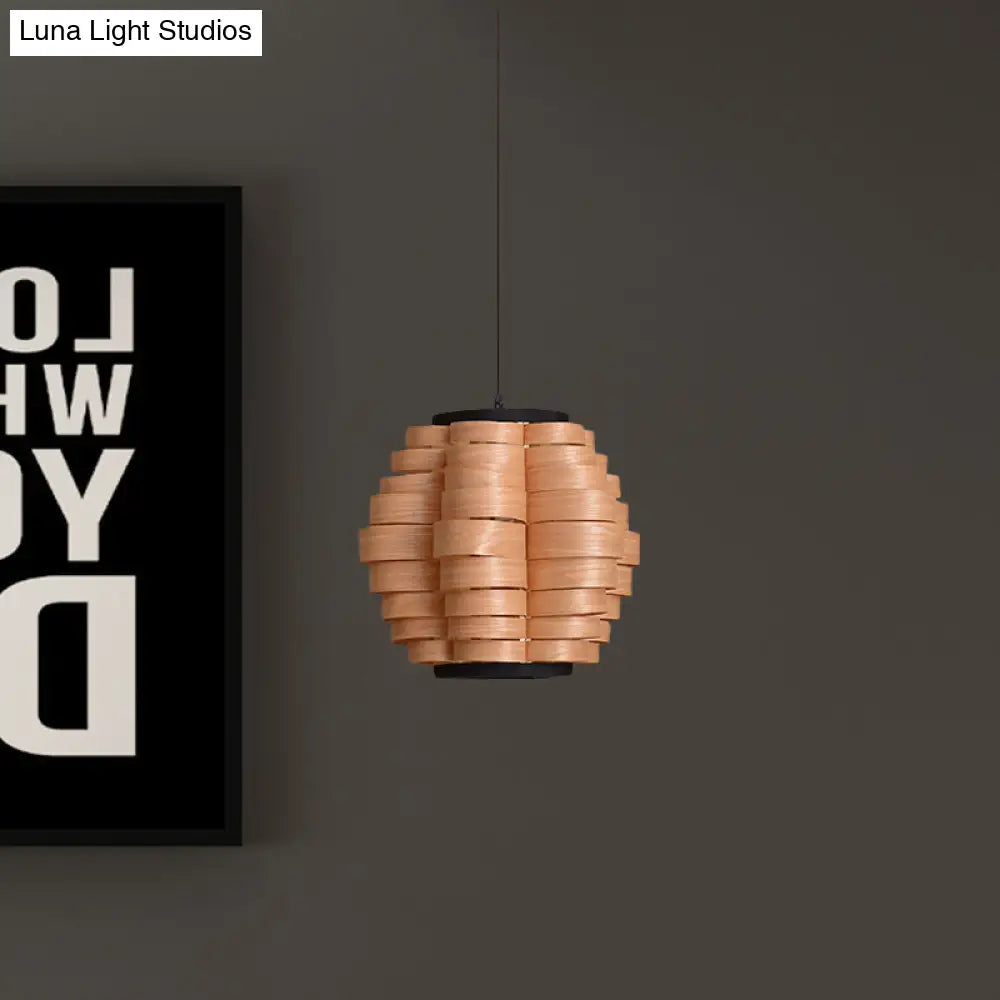 Chinese Single Light Veneer Pendant Lamp - Wide Wood Barrel Shade Hanging For Dining Room