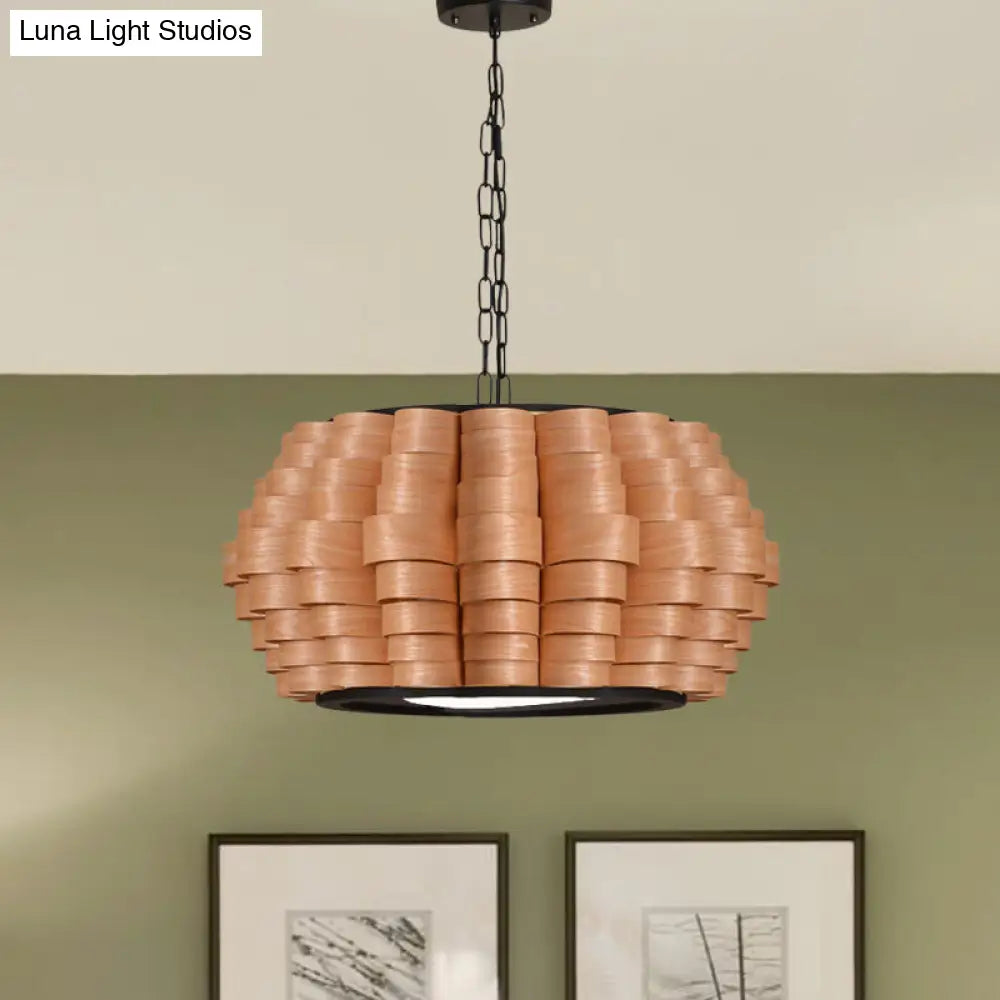 Chinese Wood Barrel Pendant Light With Single Veneer Shade - Perfect For Dining Room Available In 3