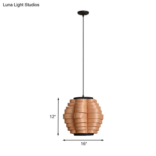 Chinese Wood Barrel Pendant Light With Single Veneer Shade - Perfect For Dining Room Available In 3