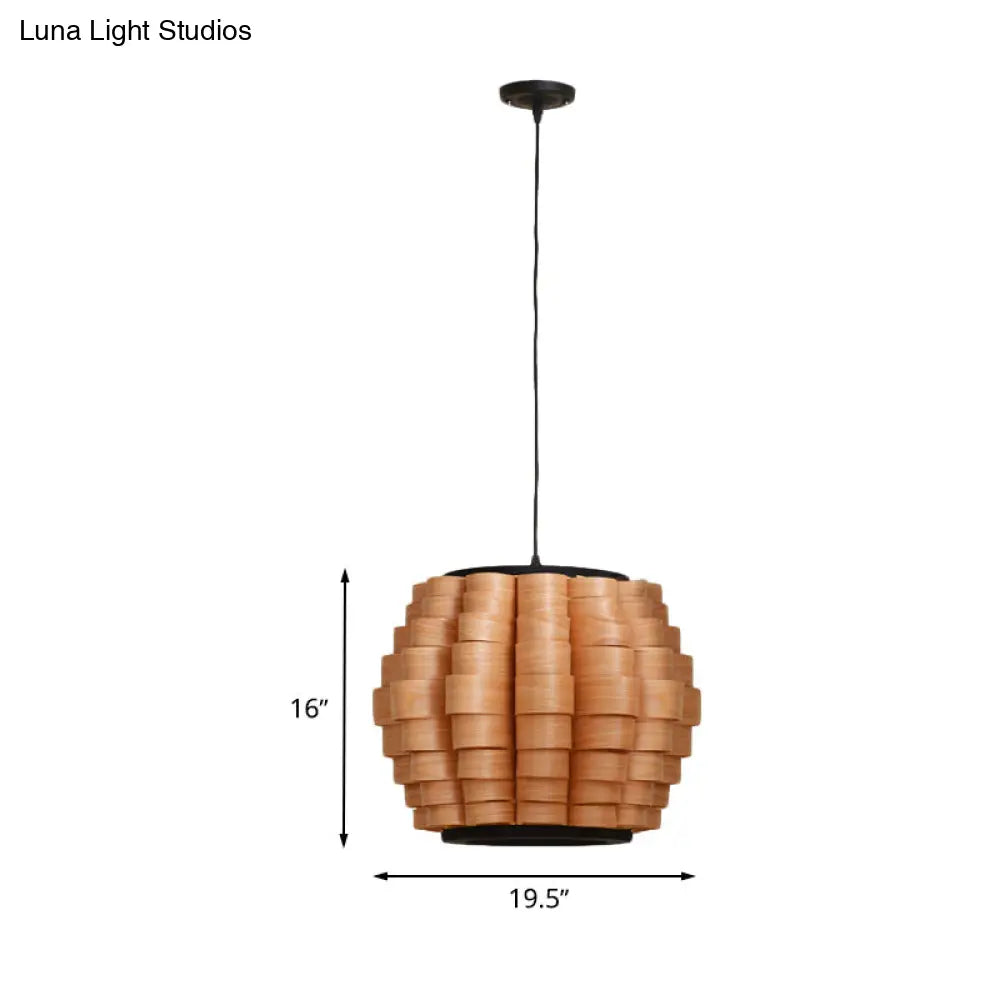 Chinese Wood Barrel Pendant Light With Single Veneer Shade - Perfect For Dining Room Available In 3