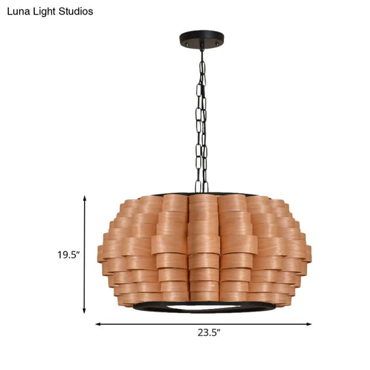 Chinese Wood Barrel Pendant Light With Single Veneer Shade - Perfect For Dining Room Available In 3