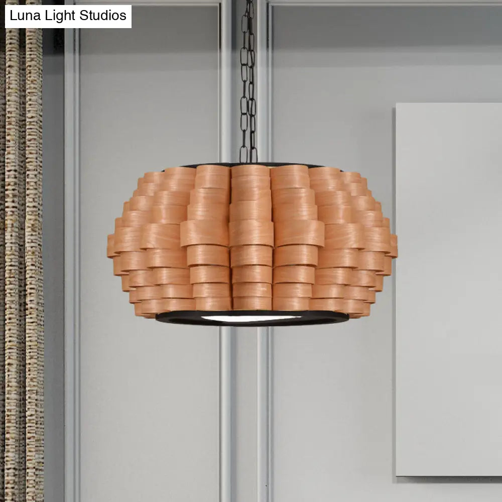 Chinese Wood Barrel Pendant Light With Single Veneer Shade - Perfect For Dining Room Available In 3