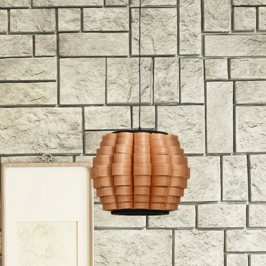 Chinese Single Light Veneer Pendant Lamp - Wide Wood Barrel Shade Hanging For Dining Room