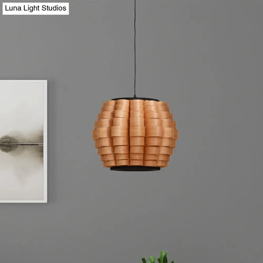 Chinese Wood Barrel Pendant Light With Single Veneer Shade - Perfect For Dining Room Available In 3