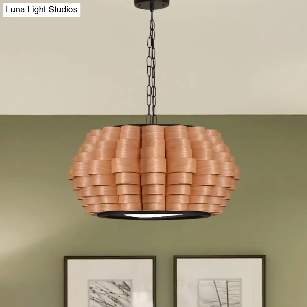 Chinese Single Light Veneer Pendant Lamp - Wide Wood Barrel Shade Hanging For Dining Room