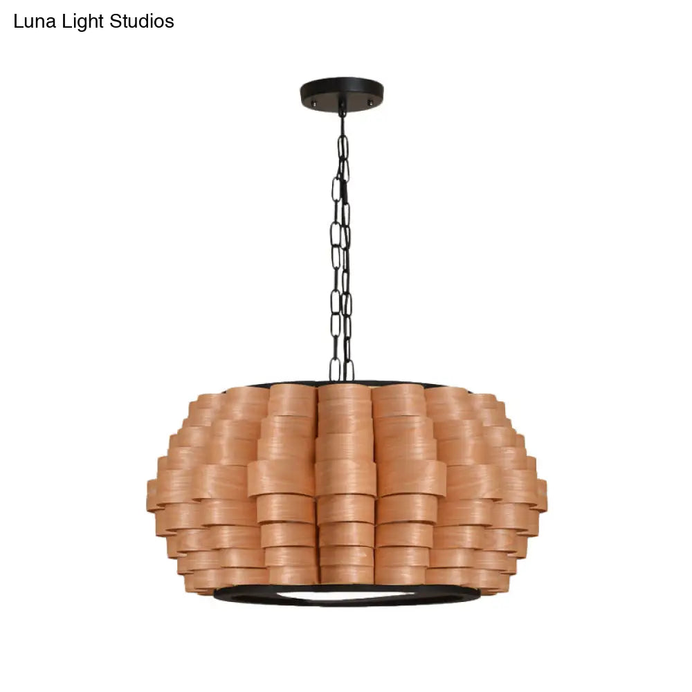 Chinese Single Light Veneer Pendant Lamp - Wide Wood Barrel Shade Hanging For Dining Room