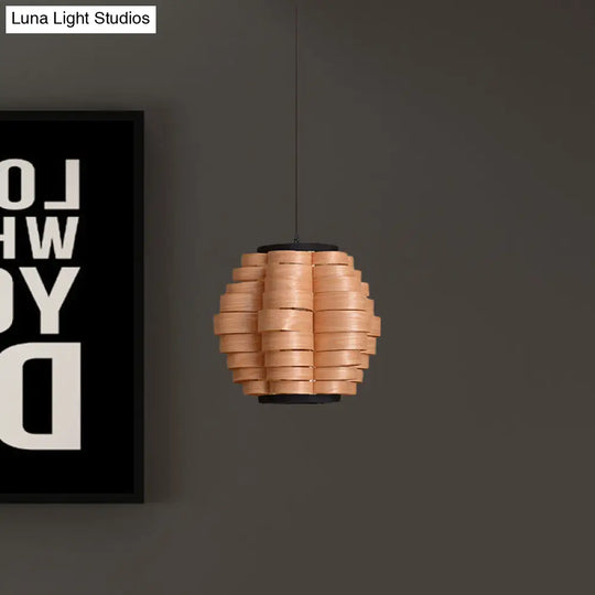 Chinese Wood Barrel Pendant Light With Single Veneer Shade - Perfect For Dining Room Available In 3