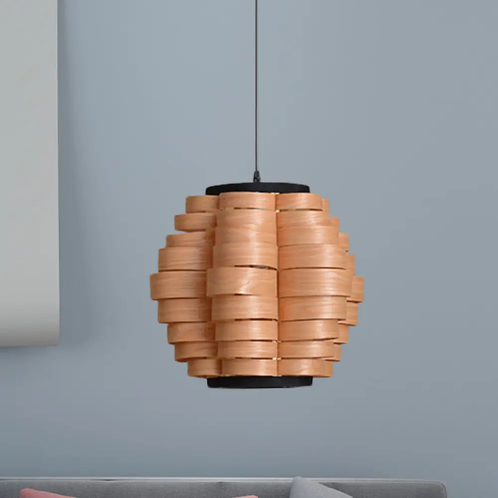 Chinese Single Light Veneer Pendant Lamp - Wide Wood Barrel Shade Hanging For Dining Room