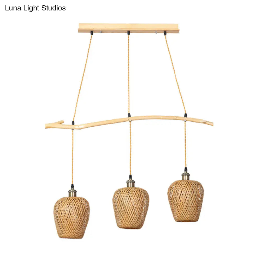 Chinese Single Pendant Bamboo Lantern Light With Wood Shade