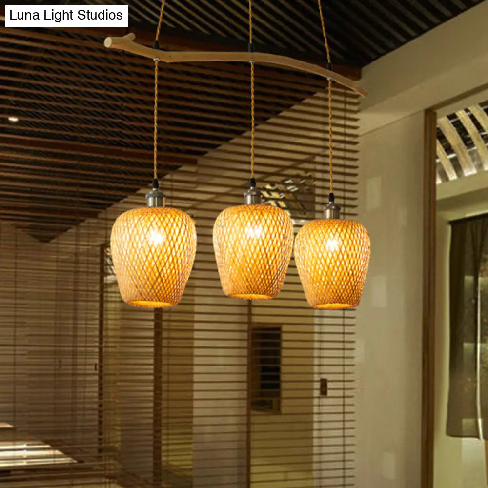 Chinese Single Pendant Bamboo Lantern Light With Wood Shade