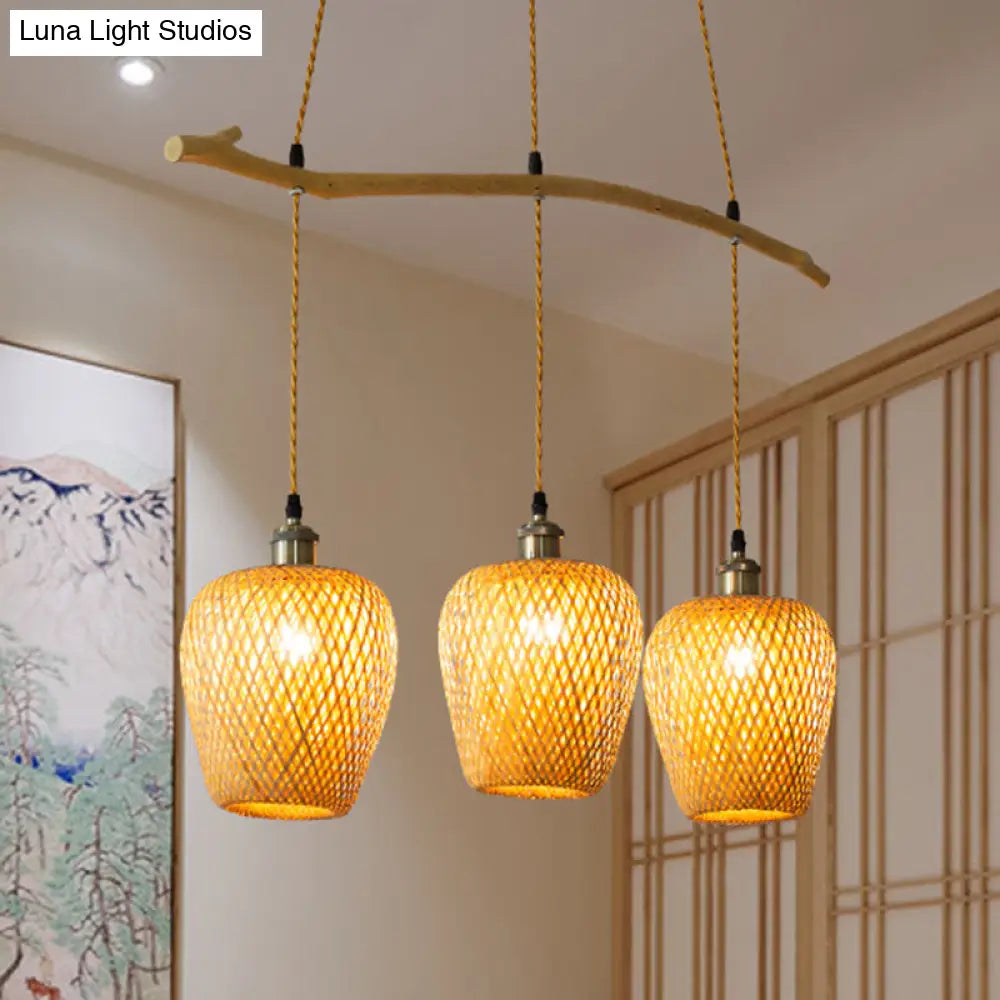 Chinese Single Pendant Bamboo Lantern Light With Wood Shade