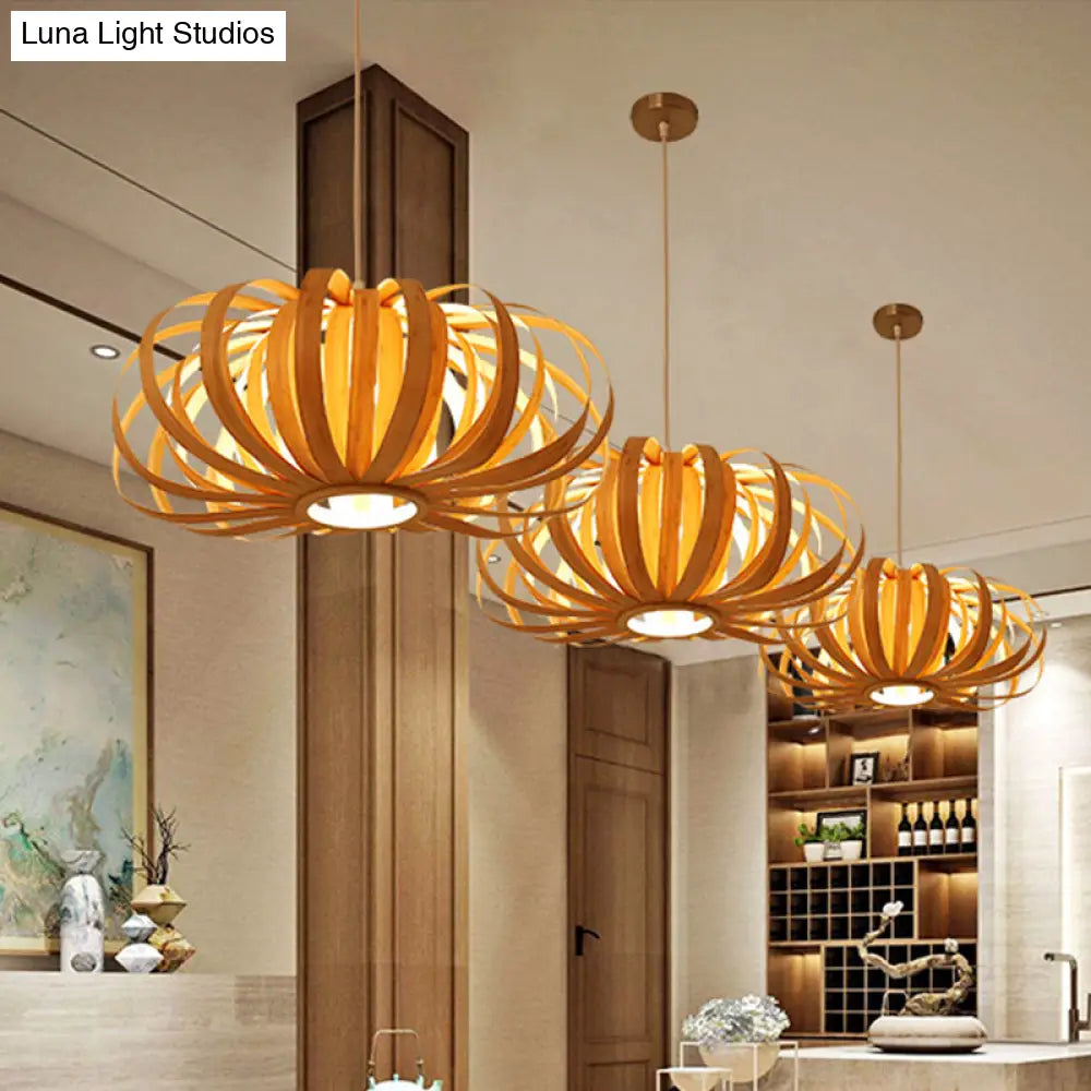 Chinese Style 1-Light Wood Pendant For Restaurants - Beige Pumpkin Hanging Fixture