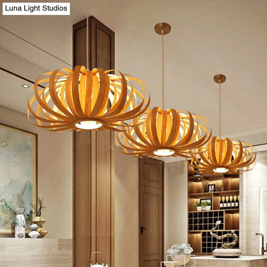 Chinese Style 1-Light Wood Pendant For Restaurants - Beige Pumpkin Hanging Fixture