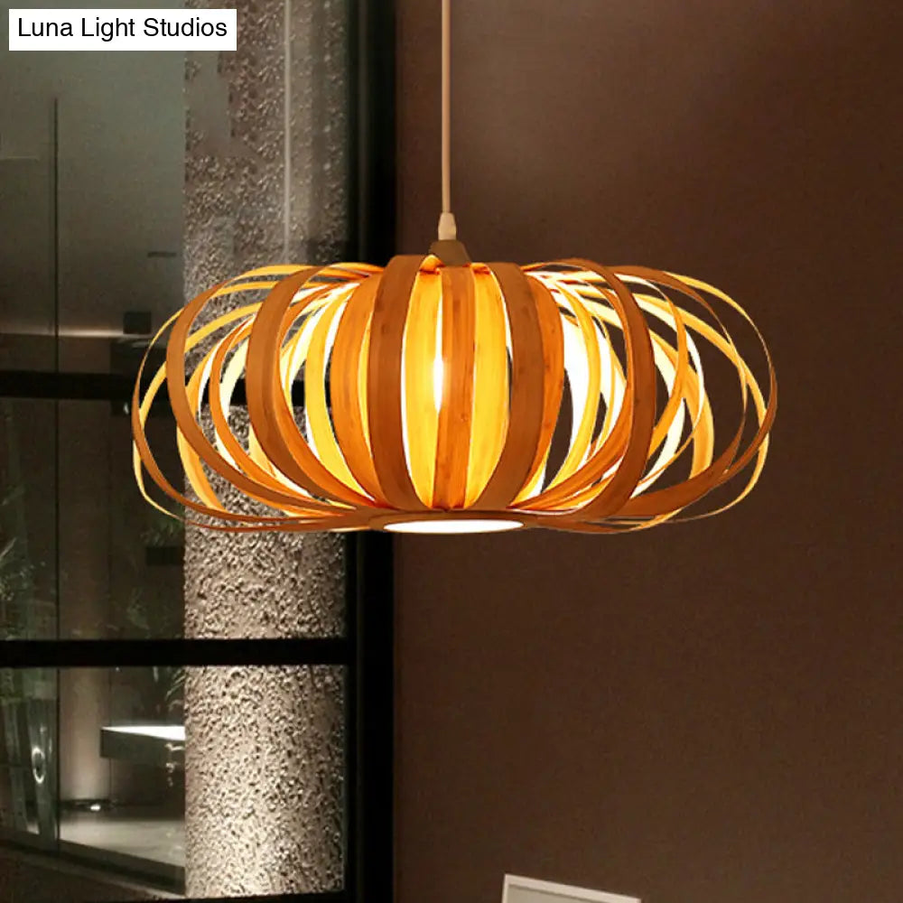 Chinese Style 1-Light Wood Pendant For Restaurants - Beige Pumpkin Hanging Fixture