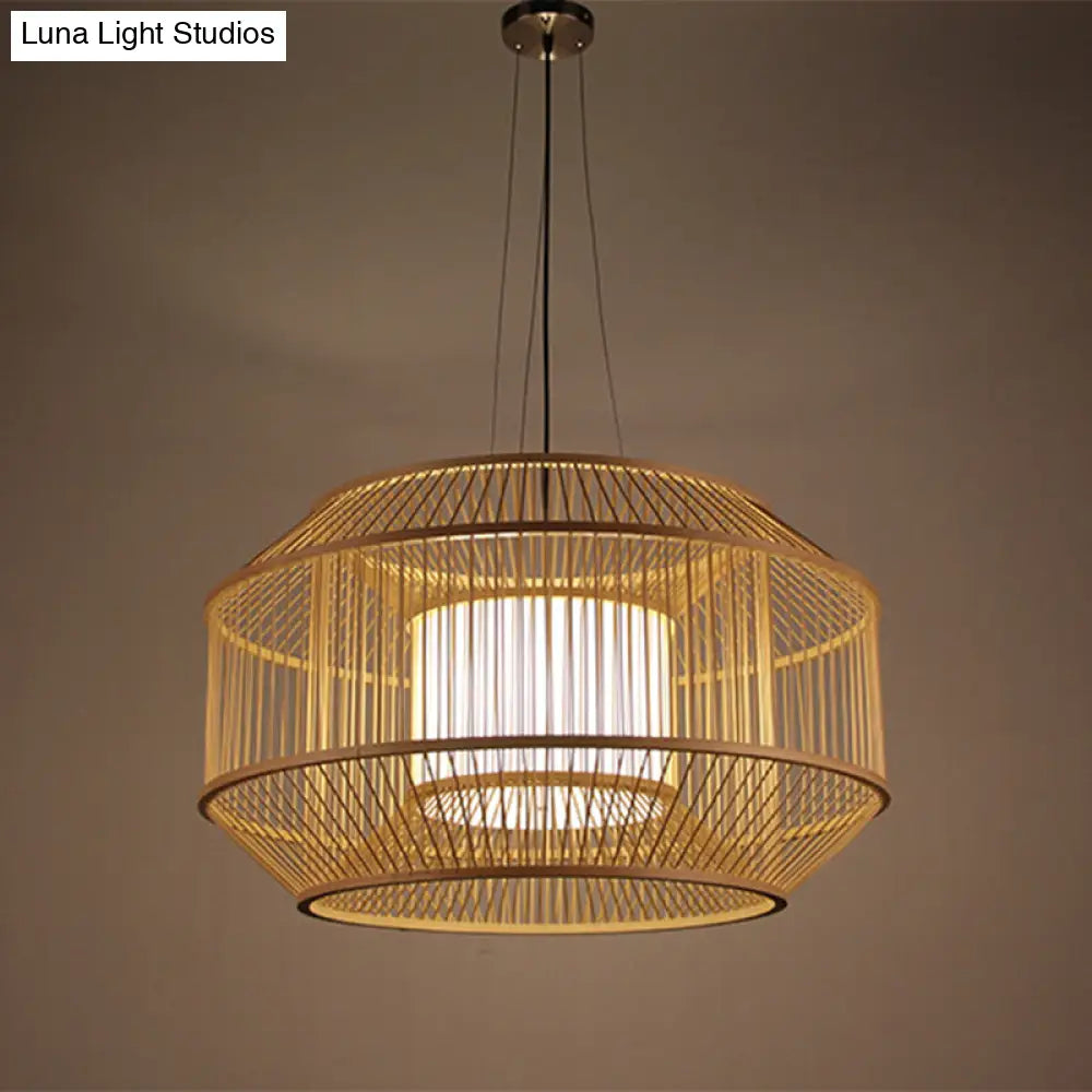 Chinese Style Bamboo Lantern Pendant: Beige Round Hanging Light For Dining Table - 1 Bulb