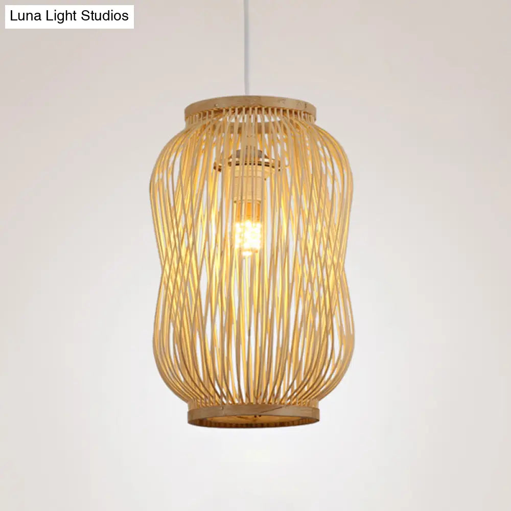 Chinese Style Beige Gourd Cage Pendant Lighting: Single Bamboo Hanging Lamp For Table