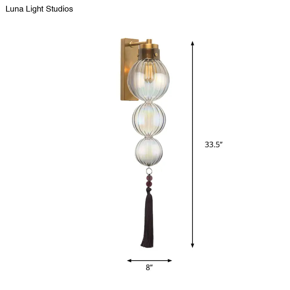 Chinese Style Brass/Chrome Sphere Sconce Light - Clear/Amber/Light Blue Glass Wall Mount Lamp With