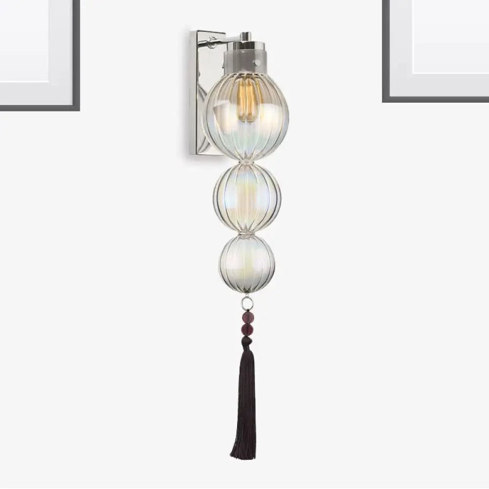 Chinese Style Brass/Chrome Sphere Sconce Light - Clear/Amber/Light Blue Glass Wall Mount Lamp With