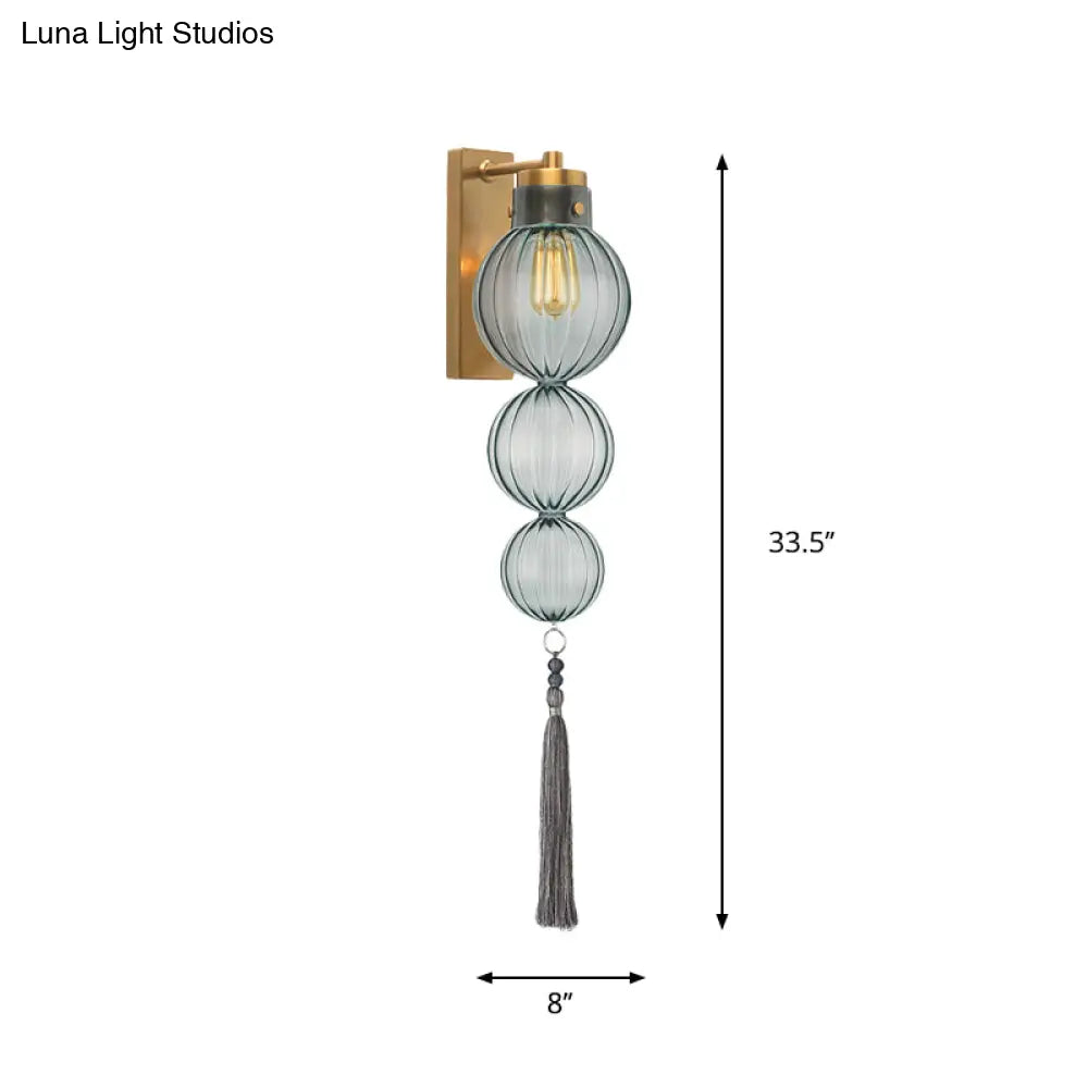 Chinese Style Brass/Chrome Sphere Sconce Light - Clear/Amber/Light Blue Glass Wall Mount Lamp With