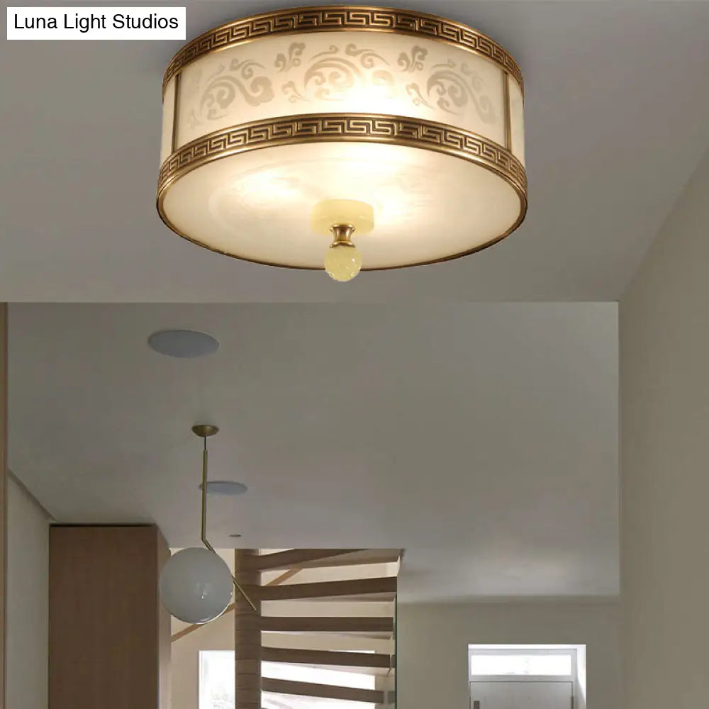 Chinese Style Brass Finish Flush Ceiling Mount Light With Frosted Glass - 2/3/4 Lights Drum Shape