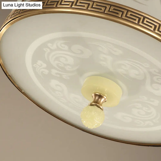 Chinese Style Brass Finish Flush Ceiling Mount Light With Frosted Glass - 2/3/4 Lights Drum Shape