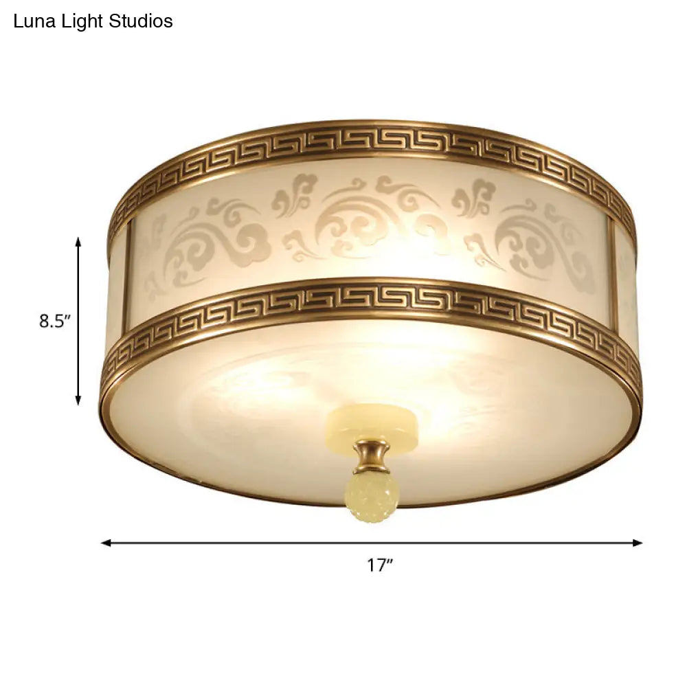 Chinese Style Brass Finish Flush Ceiling Mount Light With Frosted Glass - 2/3/4 Lights Drum Shape