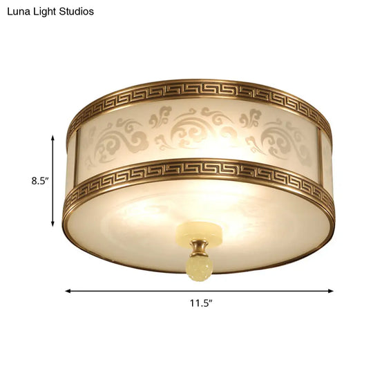 Chinese Style Brass Finish Flush Ceiling Mount Light With Frosted Glass - 2/3/4 Lights Drum Shape