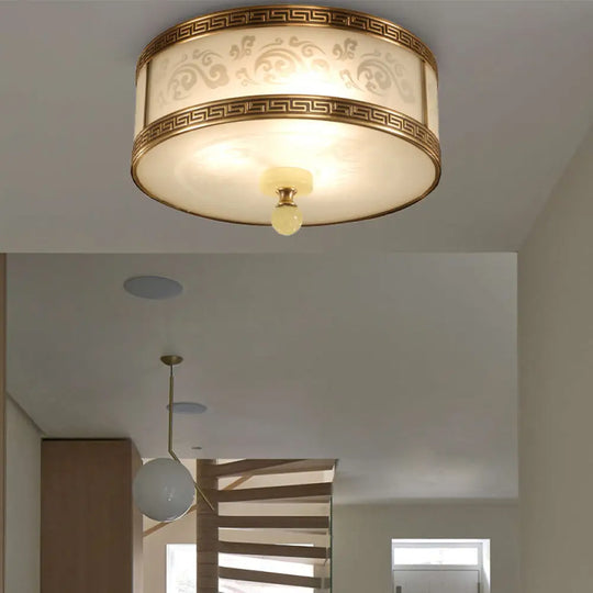 Chinese Style Brass Finish Flush Ceiling Mount Light With Frosted Glass - 2/3/4 Lights Drum Shape