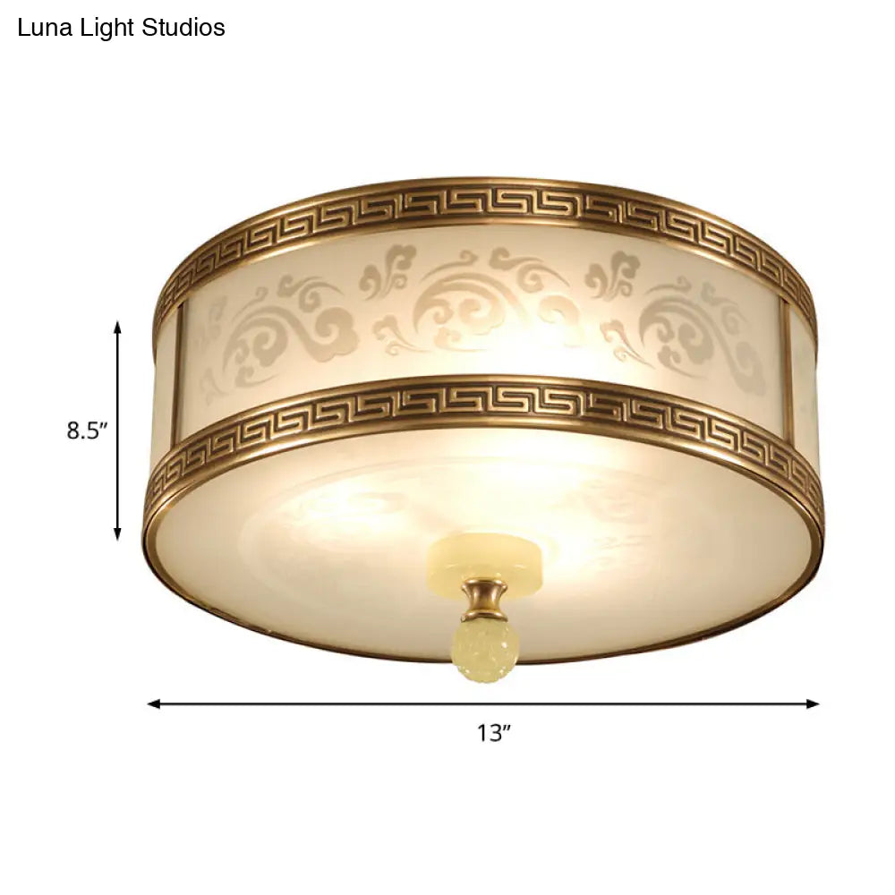 Chinese Style Brass Finish Flush Ceiling Mount Light With Frosted Glass - 2/3/4 Lights Drum Shape