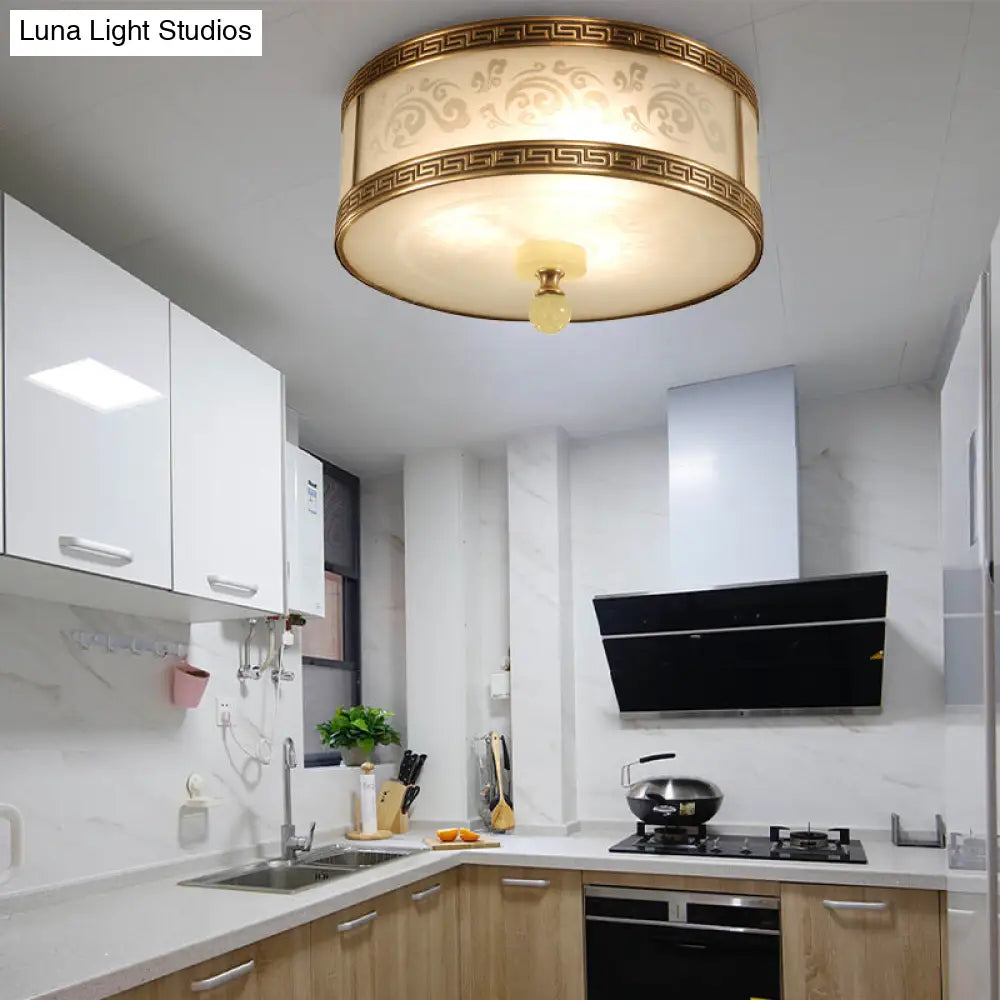 Chinese Style Brass Finish Flush Ceiling Mount Light With Frosted Glass - 2/3/4 Lights Drum Shape