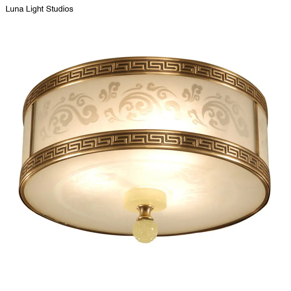 Chinese Style Brass Finish Flush Ceiling Mount Light With Frosted Glass - 2/3/4 Lights Drum Shape