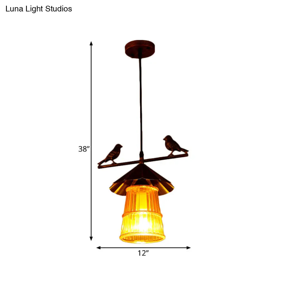 Chinese Style Conical Pendulum Pendant Ceiling Lamp - Bronze Finish With Ribbed Glass Shade