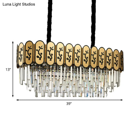 Chinese Style Crystal Shaded Hanging Lamp - 10-Light Gold Island Tiered Oblong Design