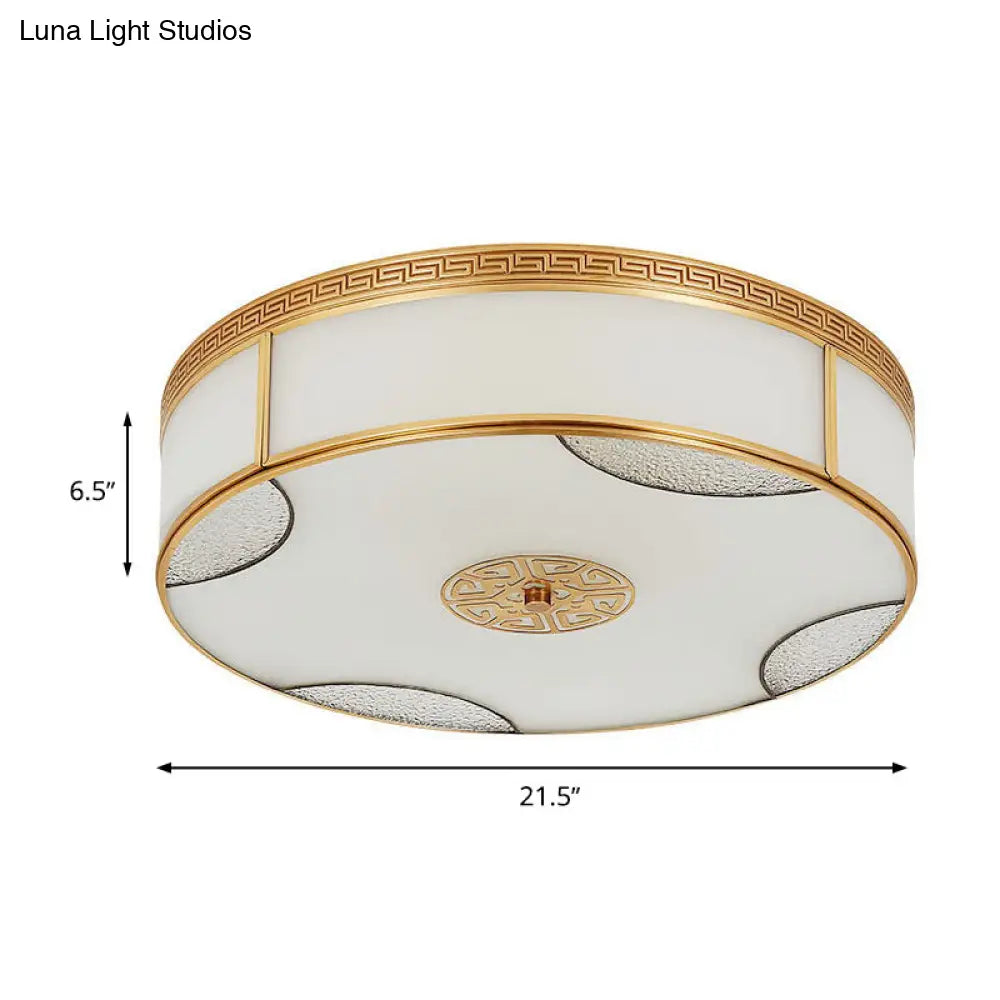 Chinese Style Drum Ceiling Light - 14’/18’/21.5’ W 3/4/6 - Light Matte White Glass Brass Flushmount