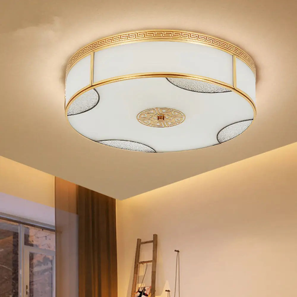 Chinese Style Drum Ceiling Light - 14’/18’/21.5’ W 3/4/6 - Light Matte White Glass Brass