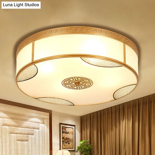 Chinese Style Drum Ceiling Light - 14’/18’/21.5’ W 3/4/6 - Light Matte White Glass Brass Flushmount