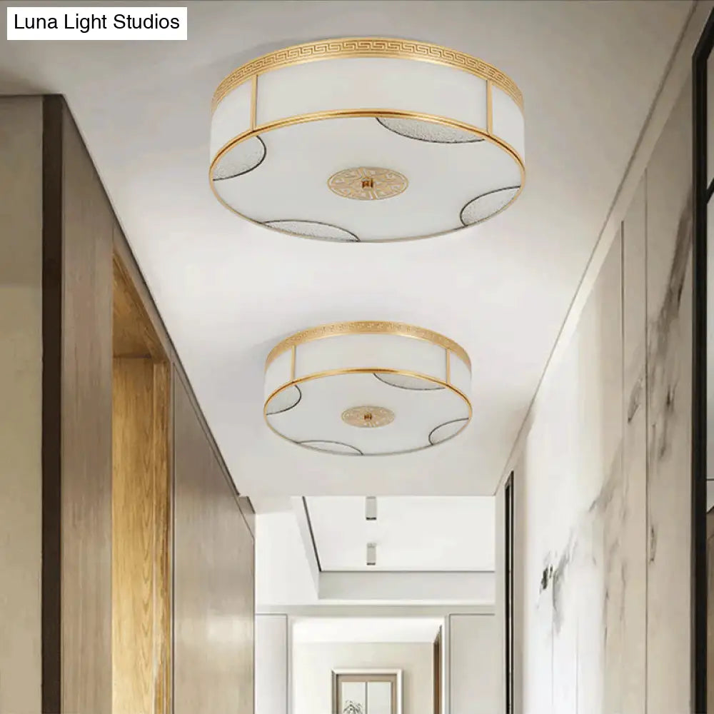 Chinese Style Drum Ceiling Light - 14’/18’/21.5’ W 3/4/6 - Light Matte White Glass Brass Flushmount