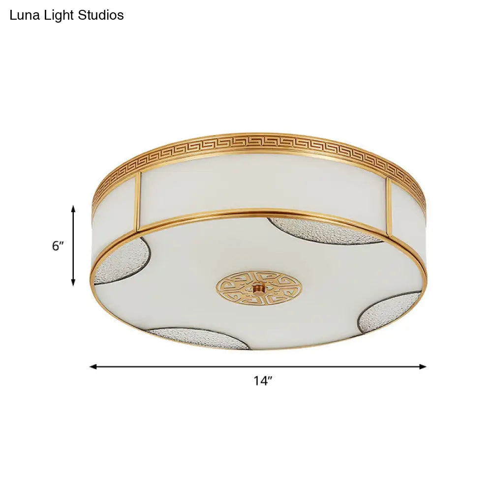 Chinese Style Drum Ceiling Light - 14’/18’/21.5’ W 3/4/6 - Light Matte White Glass Brass Flushmount